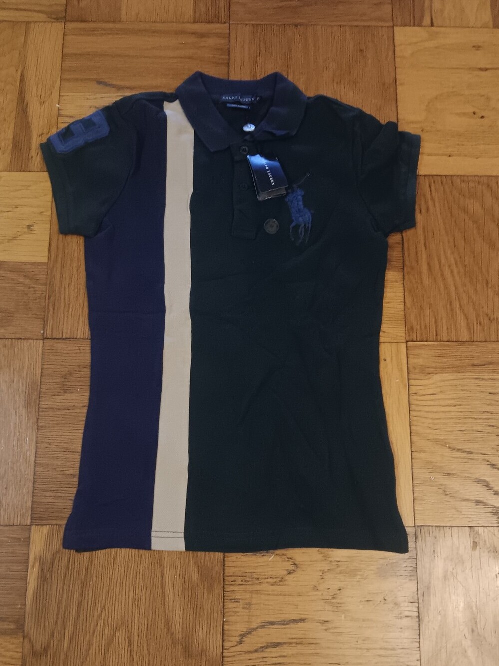 Polo by Ralph Lauren Black Polo with Navy and Cream Vertical Stripes